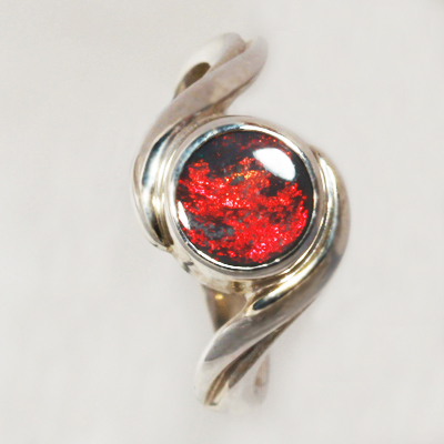 Stirling Silver ring with a SOLID BLACK OPAL Bright metallic fire red and copper red 